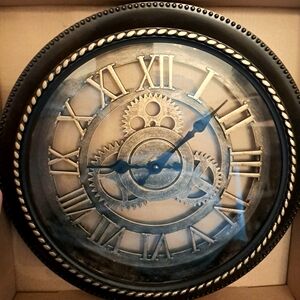 Black and Gold Gear-Style Wall Clock with Roman Numerals